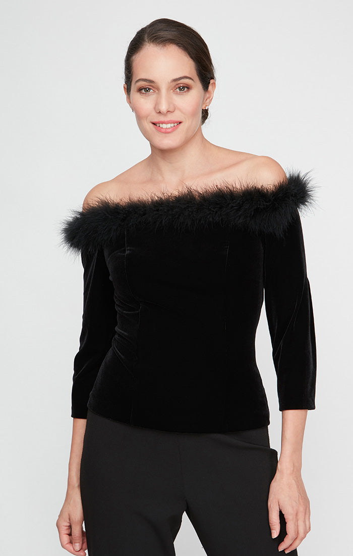 Regular - Off-the-Shoulder Velvet Blouse with Maribou Trim