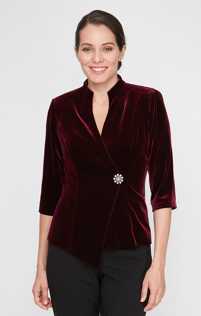 3/4 Sleeve Velvet Blouse with Asymmetric Pointed Hem & Embellished Closure