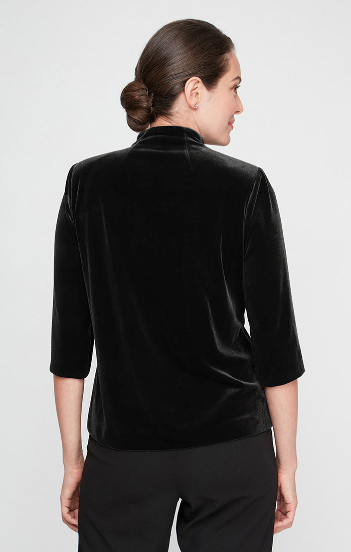 3/4 Sleeve Velvet Blouse with Asymmetric Pointed Hem & Embellished Closure