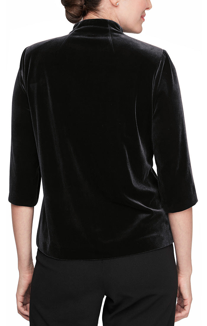 3/4 Sleeve Velvet Blouse with Asymmetric Pointed Hem & Embellished Closure