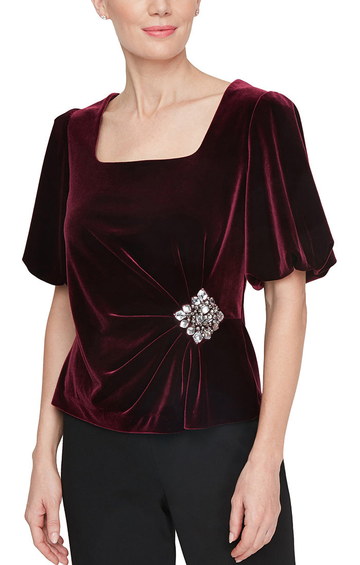 Petite Square Neck Velvet Blouse with Puff Shoulder and Embellished Detail