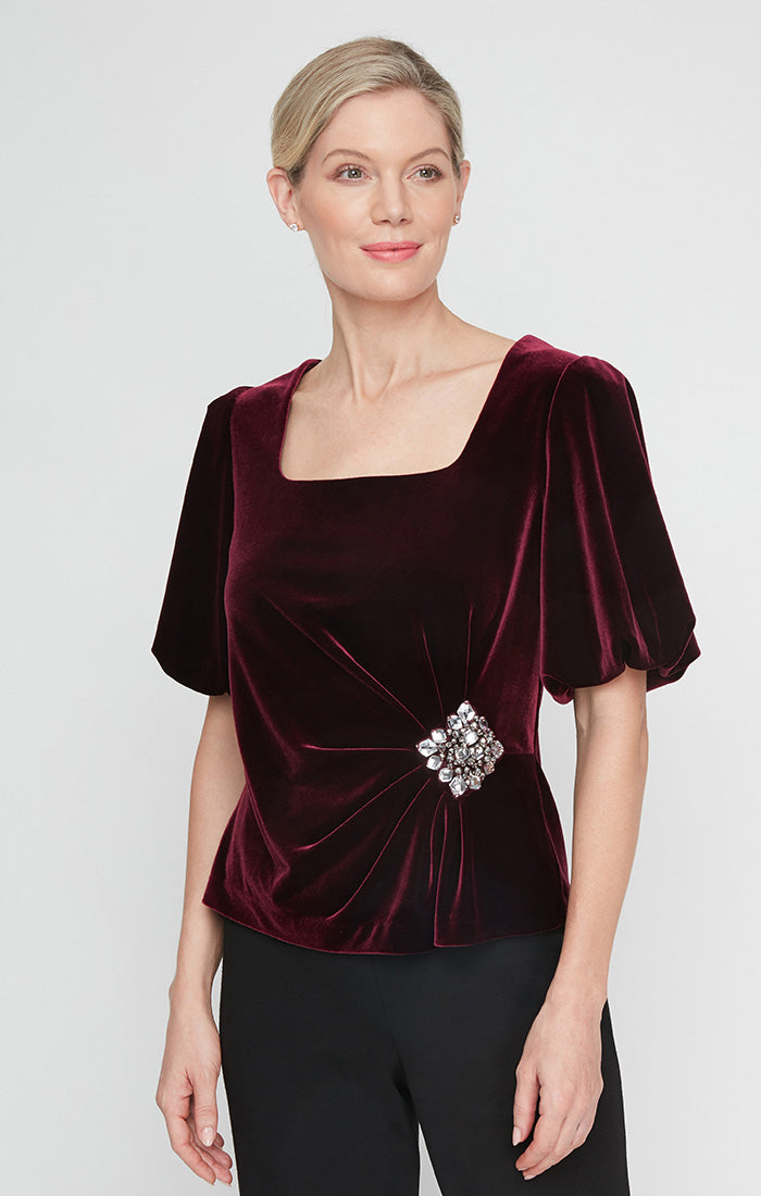 Petite Square Neck Velvet Blouse with Puff Shoulder and Embellished Detail