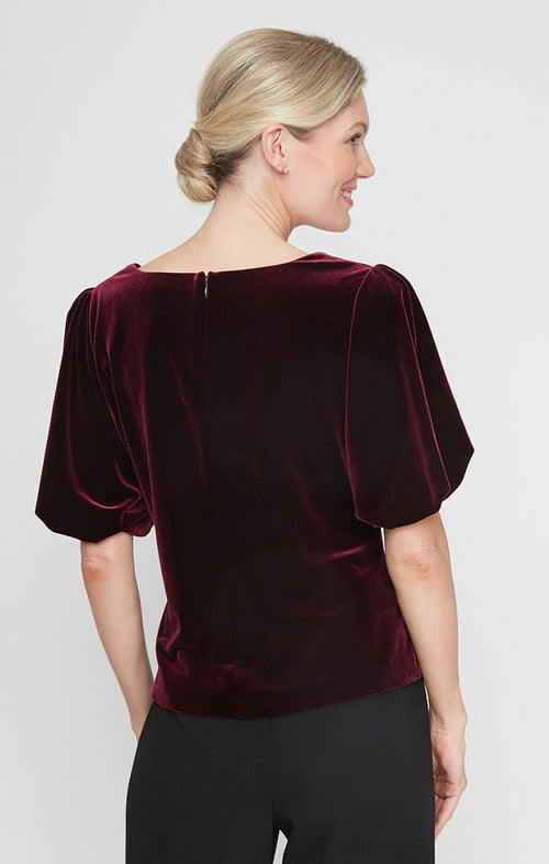 Petite Square Neck Velvet Blouse with Puff Shoulder and Embellished Detail