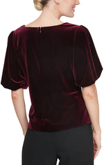 Square Neck Velvet Blouse with Puff Shoulder and Embellished Detail