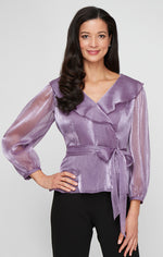 Portrait Collar Shimmer Blouse with Tie Waist and Illusion Sleeves