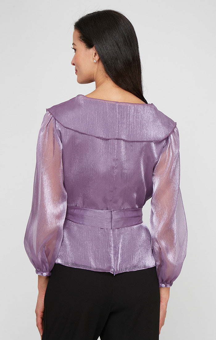 Portrait Collar Shimmer Blouse with Tie Waist and Illusion Sleeves