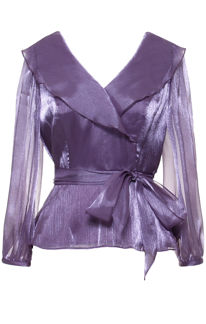 Portrait Collar Shimmer Blouse with Tie Waist and Illusion Sleeves