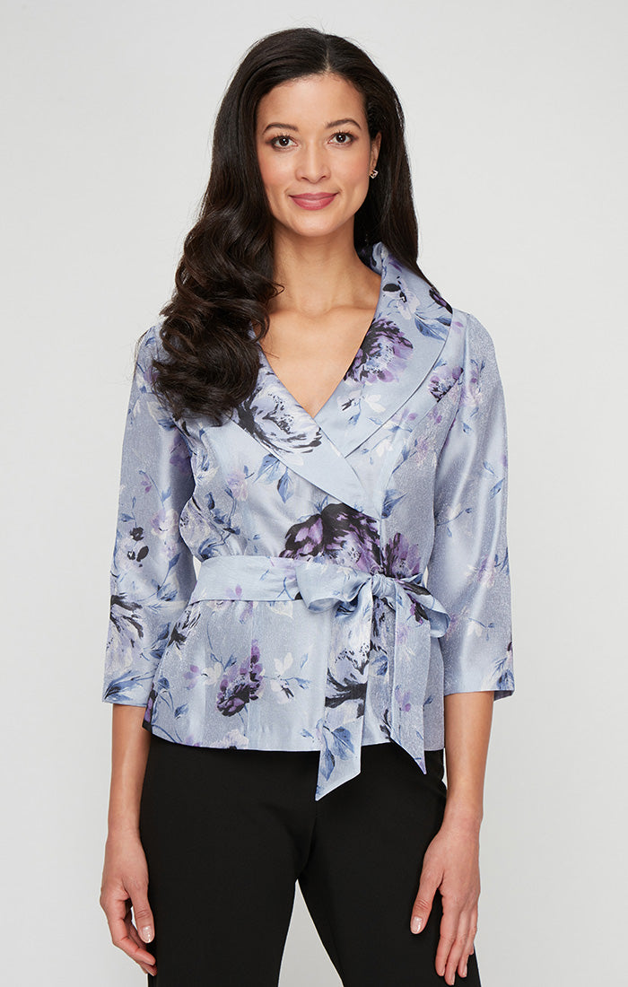 3/4 Sleeve Printed Organza Blouse with Portrait Collar and Tie Belt