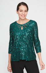 3/4 Sleeve Mock Sequin Twinset with Hook Neck Closure