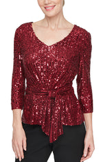 3/4 Sleeve V-Neck Sequin Blouse with Tie Waist Detail