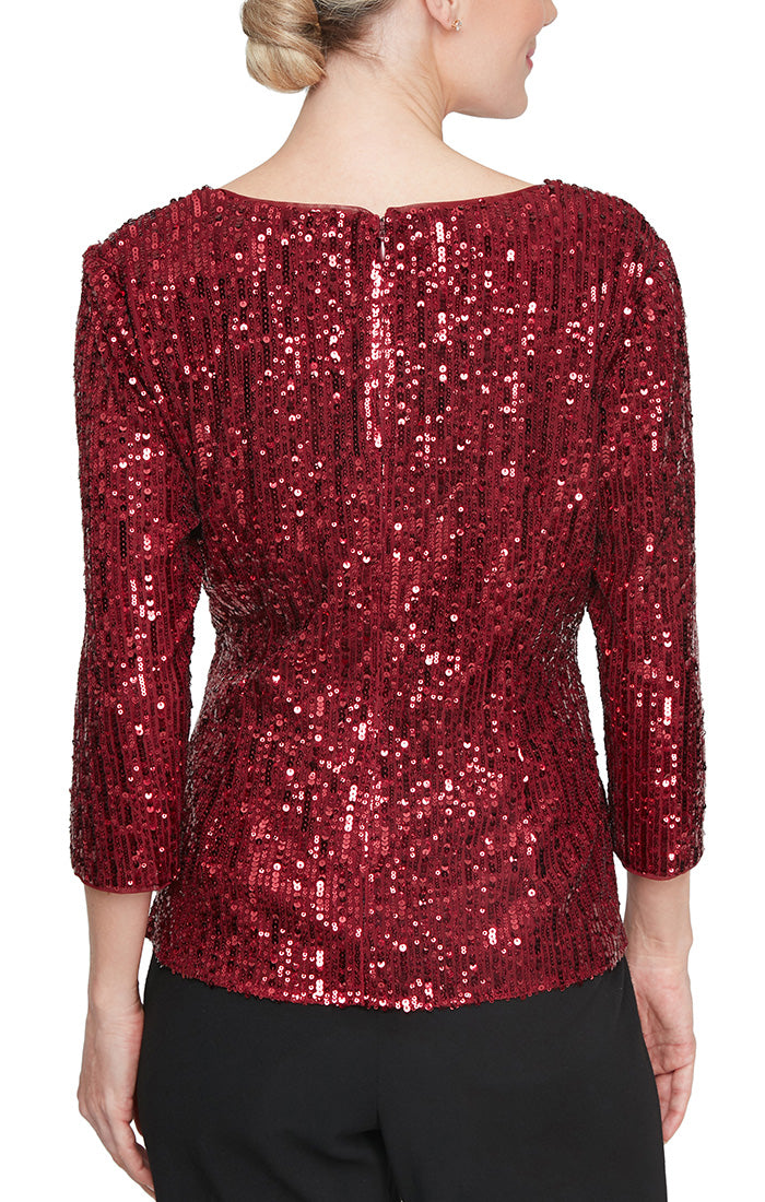 3/4 Sleeve V-Neck Sequin Blouse with Tie Waist Detail