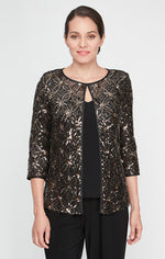 Petite 3/4 Sleeve Sequin Mock Twinset with Attached Hook Neck Jacket