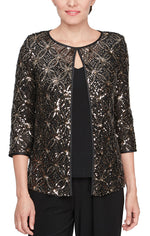 3/4 Sleeve Sequin Mock Twinset with Attached Hook Neck Jacket