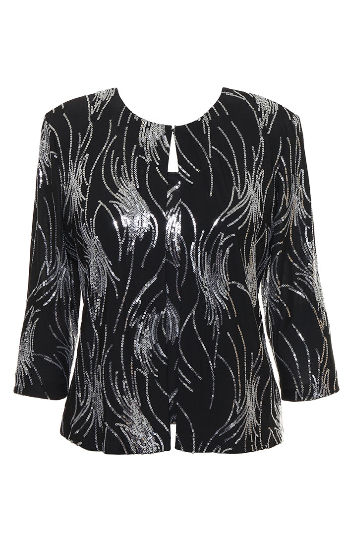 Petite - 3/4 Sleeve Firework Sequin Twinset with Scoop Neck Tank and Hook Neck Jacket