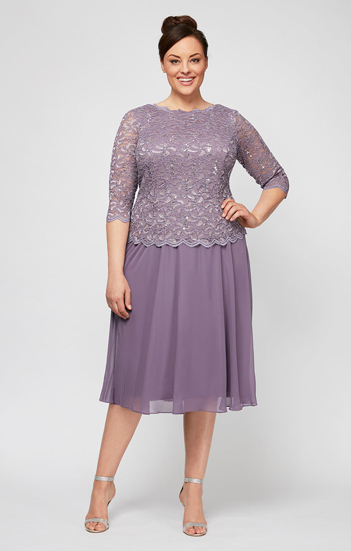 Plus Tea-Length Dress with Sequin Lace Bodice & Chiffon Skirt