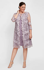 Plus Embroidered Elongated Lace Mock Jacket with Jersey Sheath Dress