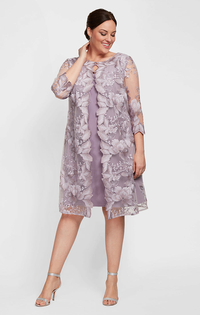 Plus Embroidered Elongated Lace Mock Jacket with Jersey Sheath Dress