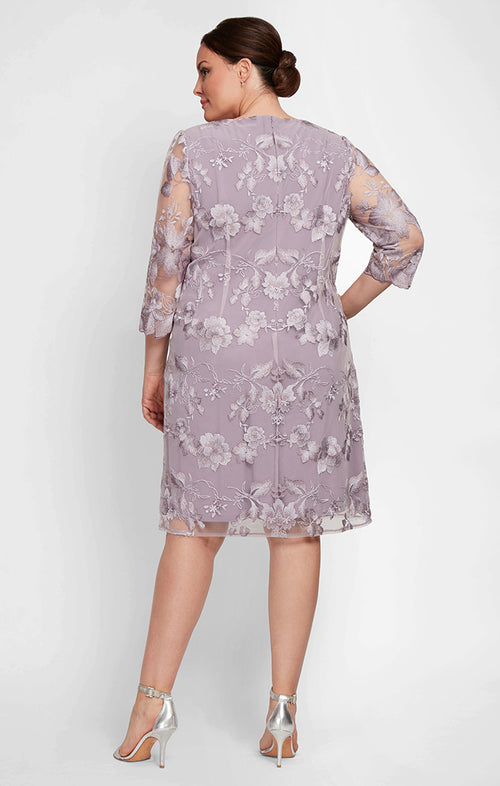 Plus - Embroidered Elongated Lace Mock Jacket with Jersey Sheath Dress