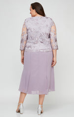 Plus Attached Jacket Dress with Illusion Sleeves, Scallop Detail & A-Line Chiffon Skirt