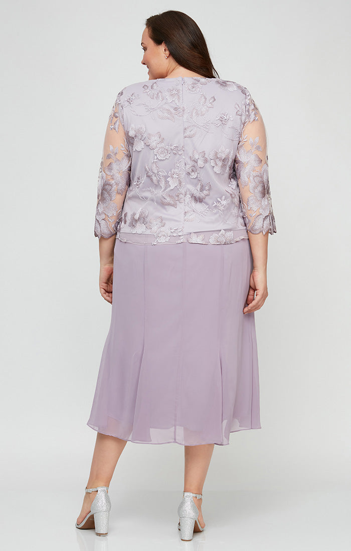 Plus Attached Jacket Dress with Illusion Sleeves, Scallop Detail & A-Line Chiffon Skirt