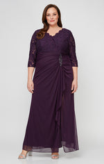 Plus Empire Waist Lace & Mesh Dress with Surplice Neckline & Beaded Ruched Detail Cascade Skirt