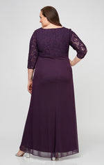 Plus Empire Waist Lace & Mesh Dress with Surplice Neckline & Beaded Ruched Detail Cascade Skirt