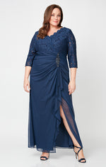 Plus Empire Waist Lace & Mesh Dress with Surplice Neckline & Beaded Ruched Detail Cascade Skirt