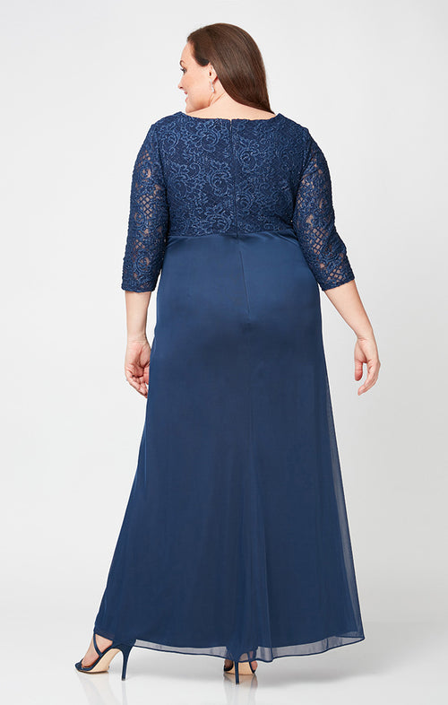 Plus Empire Waist Lace & Mesh Dress with Surplice Neckline & Beaded Ruched Detail Cascade Skirt