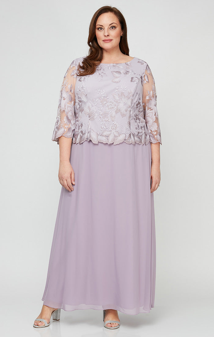 Plus A-Line Embroidered Dress with Scallop Detail and 3/4 Sleeves