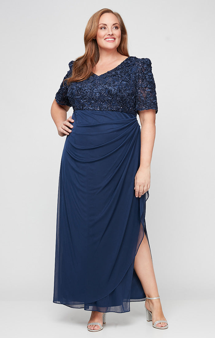 Plus Long Empire Waist Dress with Soutache Bodice, Puff Sleeve Detail & Cascade Ruffle Skirt