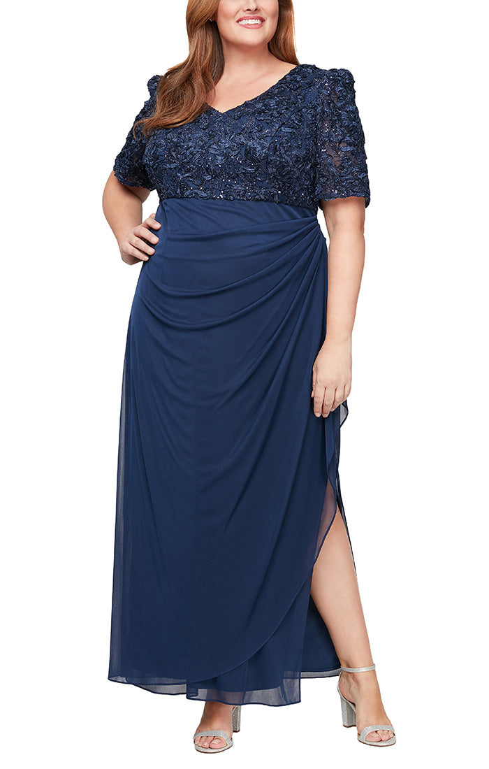 Plus Long Empire Waist Dress with Soutache Bodice, Puff Sleeve Detail & Cascade Ruffle Skirt