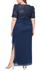 Plus Long Empire Waist Dress with Soutache Bodice, Puff Sleeve Detail & Cascade Ruffle Skirt