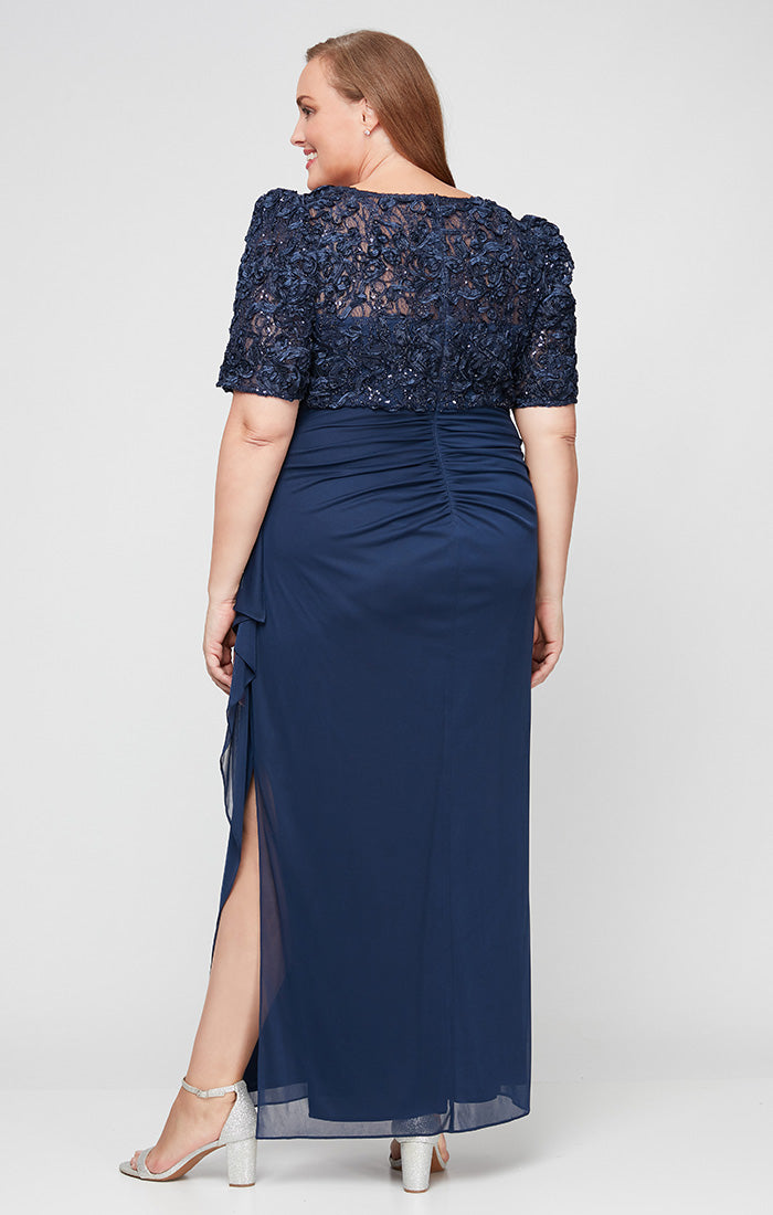 Plus Long Empire Waist Dress with Soutache Bodice, Puff Sleeve Detail & Cascade Ruffle Skirt