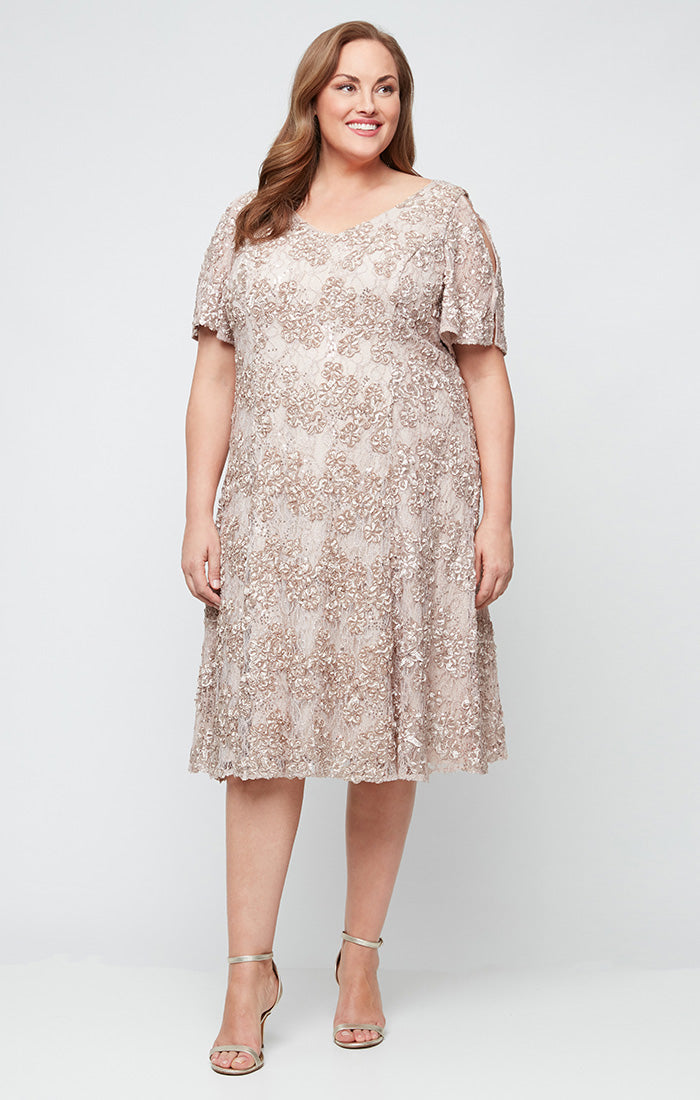 Plus - Tea-Length V-Neck Sequin Soutache Dress with Cold Shoulder Sleeves