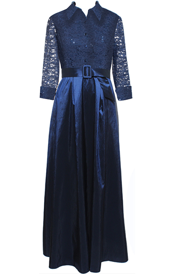 Plus - Long A-Line Dress with Stretch Lace Bodice, Collar, Illusion Sleeves and Structured Belt