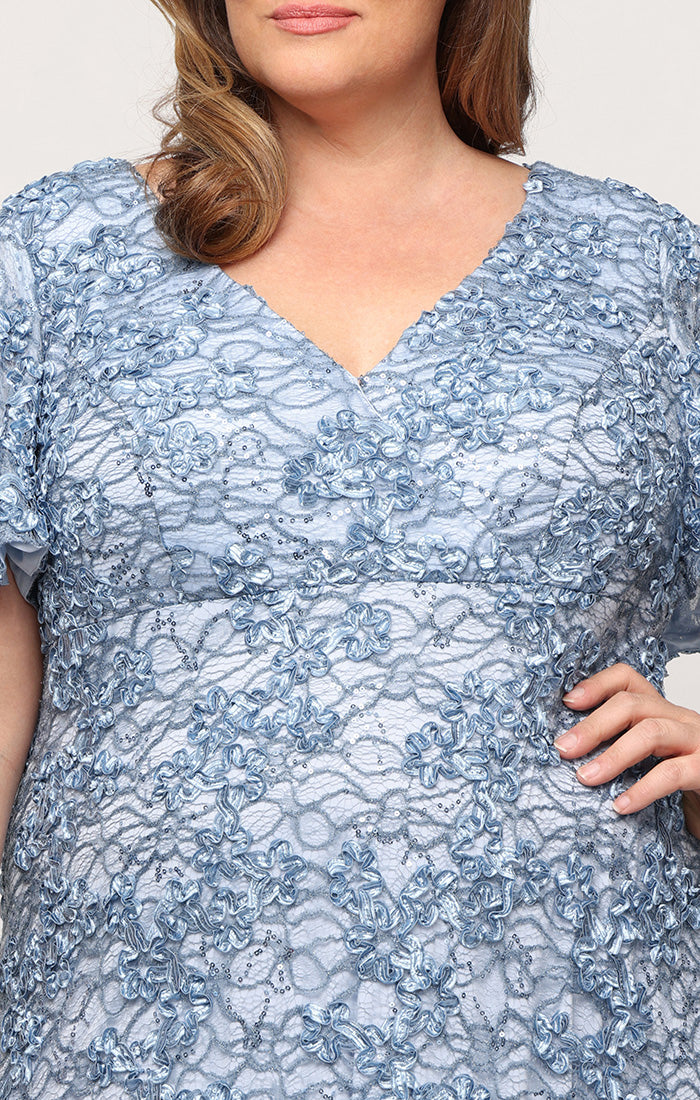 Plus - Long Soutache Empire Waist Dress with Surplice Neckline