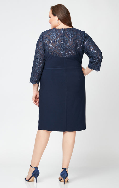 Plus Short Surplice Neckline Sheath Dress With Embroidered Illusion Neckline/Sleeve and Knot Front Detail