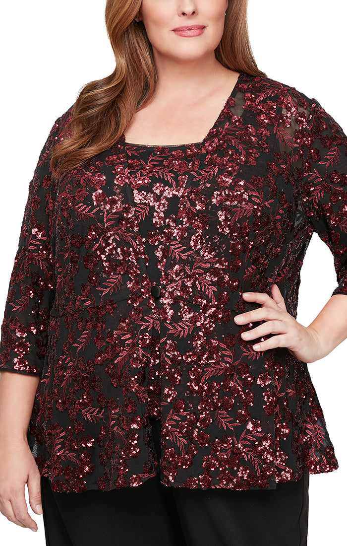 Plus 3/4 Sleeve Embroidered Sequin Twinset with Center Front Closure Peplum Hem Jacket