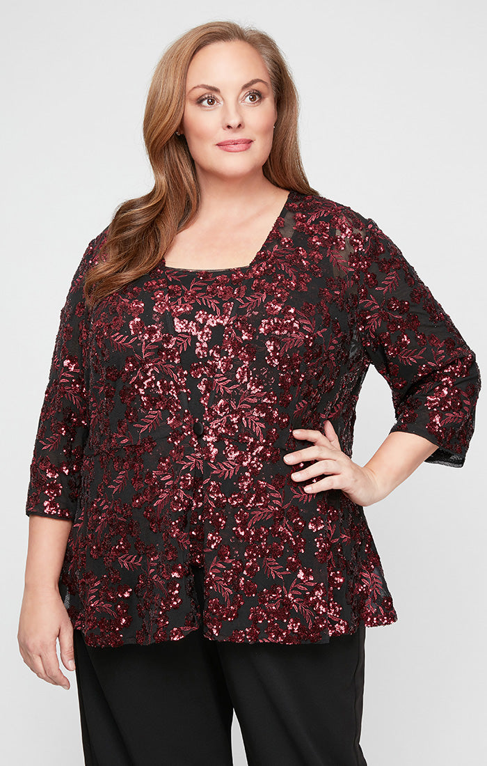 Plus - Embroidered Sequin Twinset with Center Front Closure Peplum Hem Jacket