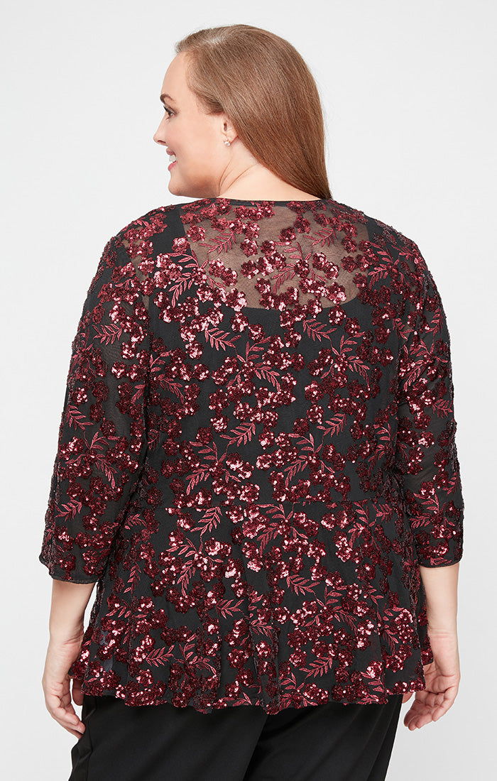 Plus - Embroidered Sequin Twinset with Center Front Closure Peplum Hem Jacket