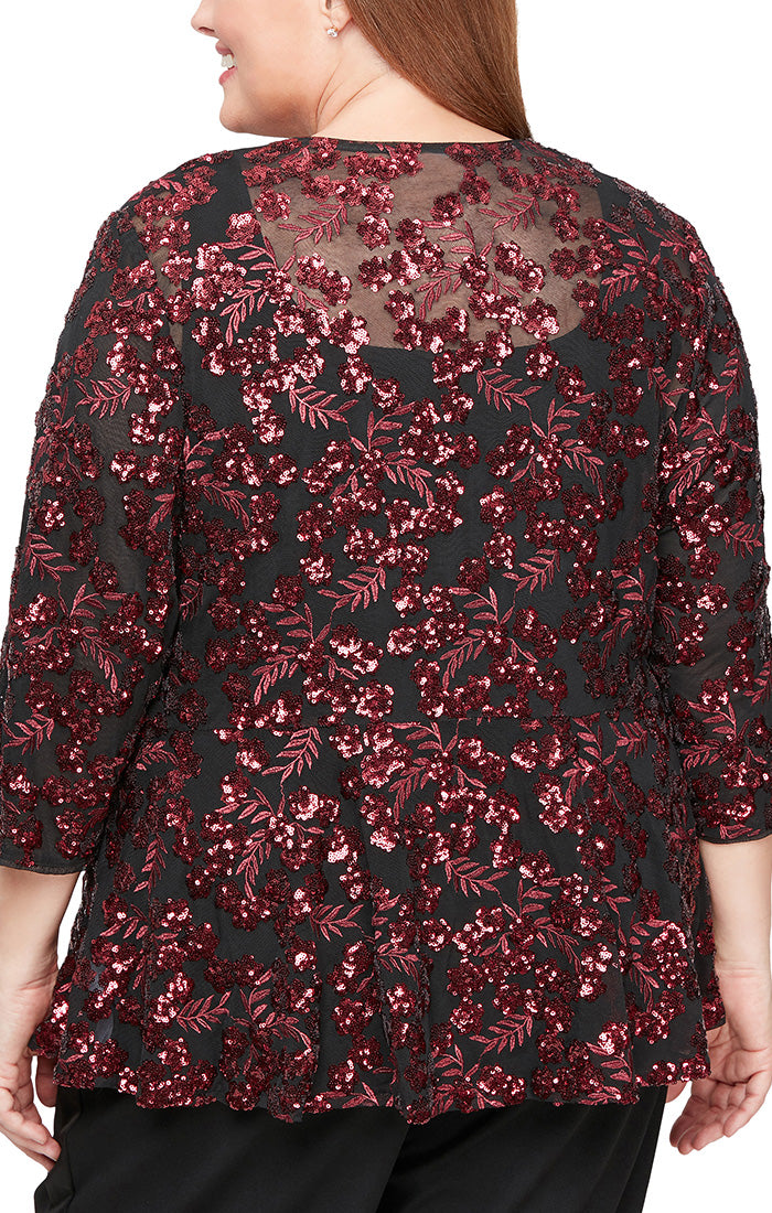 Plus 3/4 Sleeve Embroidered Sequin Twinset with Center Front Closure Peplum Hem Jacket