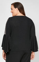 Plus 3/4 Sleeve Blouse With Beaded Illusion Detail and Cascade Bell Sleeves