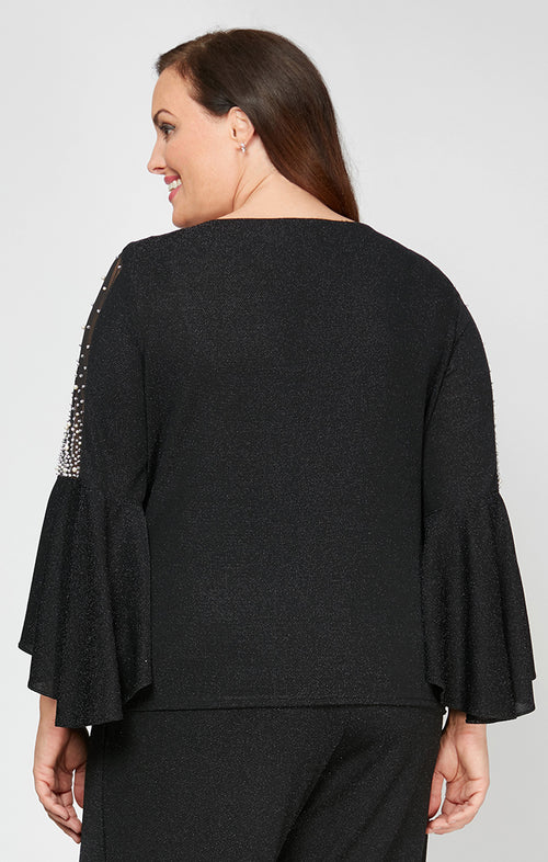 Plus 3/4 Sleeve Blouse With Beaded Illusion Detail and Cascade Bell Sleeves