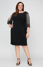 Plus Metallic Knit Party Dress with Embellished Illusion Sleeves & Cascade Ruffle Skirt