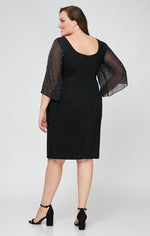 Plus Metallic Knit Party Dress with Embellished Illusion Sleeves & Cascade Ruffle Skirt