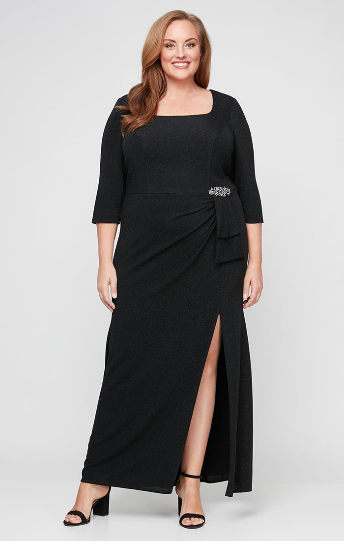 Plus Long Square Neck Dress with Embellishment Detail at Hip and 3/4 Sleeves