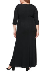 Plus Long Square Neck Dress with Embellishment Detail at Hip and 3/4 Sleeves