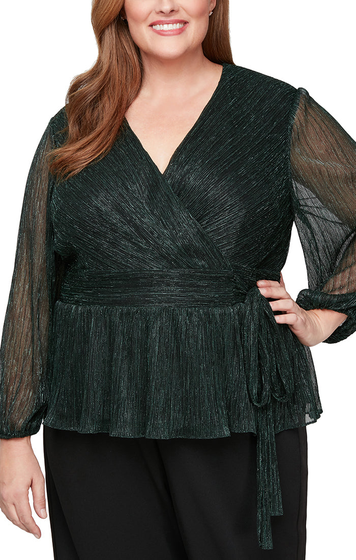 Plus Surplice Metallic Knit Blouse with Tie Waist & Balloon Sleeves