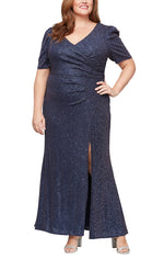 Plus Short Sleeve Metallic Knit Surplice Neckline Dress with Front Slit & Elbow Sleeves