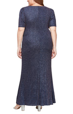 Plus Short Sleeve Metallic Knit Surplice Neckline Dress with Front Slit & Elbow Sleeves